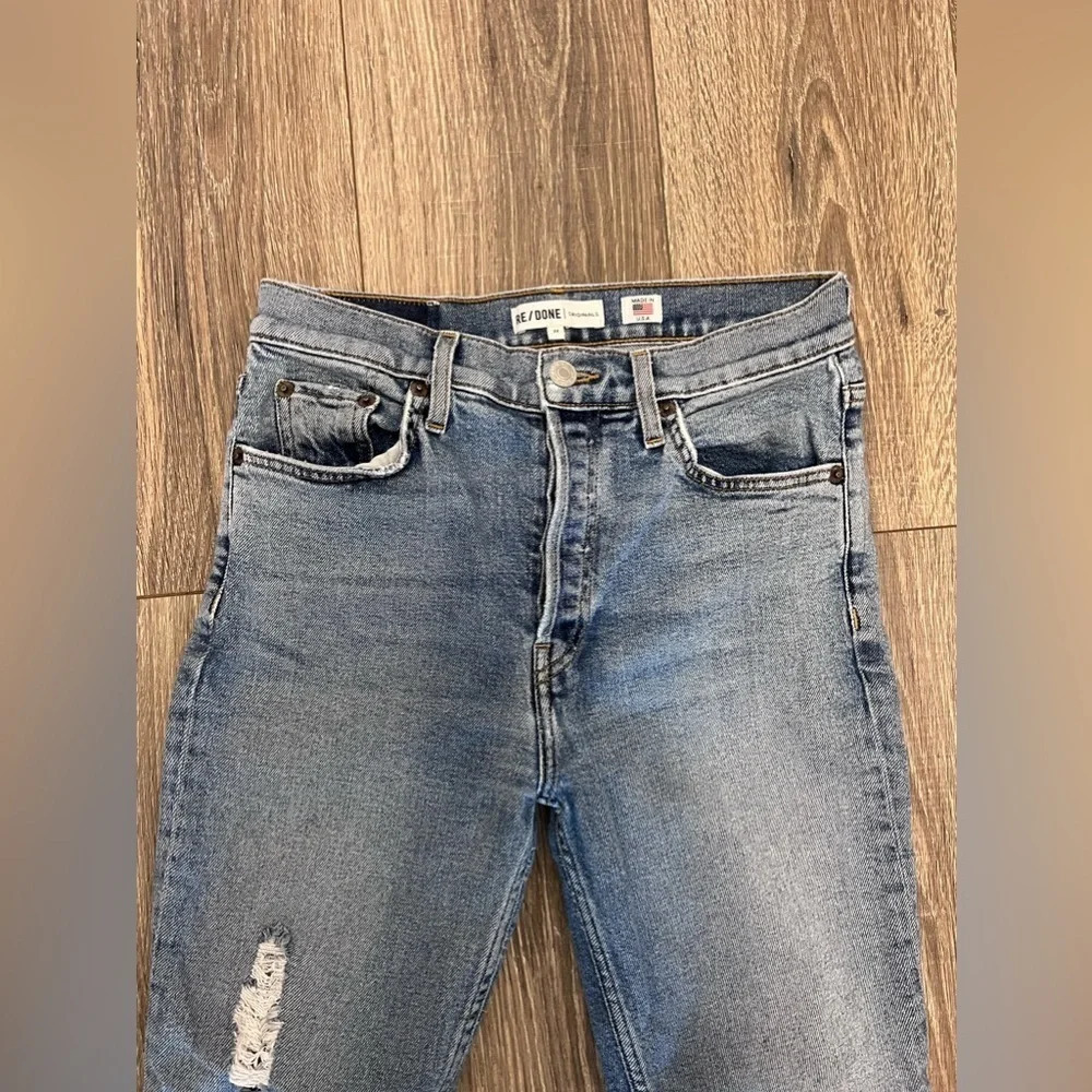 Re/Done Hi Rise Ankle Crop Stretch Distressed Straight Jeans Size 27 90s Wash - Picture 3 of 8